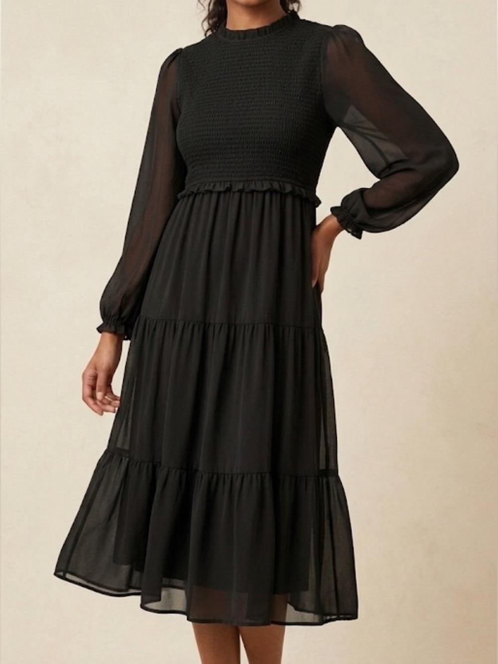 Wilfred Rosalyn Midi Dress Black Size 1X Plus Smocked Bodice Longsleeve